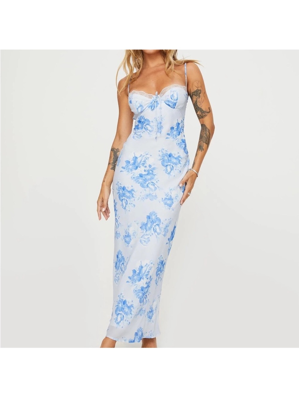 Princess Polly Light Blue and White Floral Maxi Slip Dress
